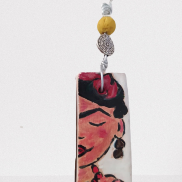 Ζωγραφισμένα στο χέρι ορθογώνια σκουλαρίκια Frida Kahlo - πηλός, boho, κρεμαστά, μεγάλα - 3