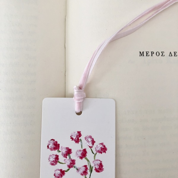 Σελιδοδείκτης ροζ άνθος με βελούδινη κορδέλα - ζωγραφισμένα στο χέρι, λουλούδια, χειροποίητα, σελιδοδείκτες, φλοράλ - 4