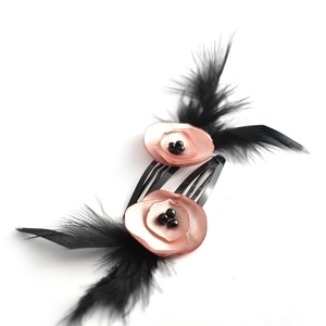 Hair clips με ροζ λουλουδάκια - φτερό, δώρο, ιδεά για δώρο, αξεσουάρ μαλλιών, hair clips - 2