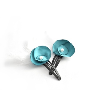 Hair clips με τιρκουάζ λουλουδάκια - φτερό, δώρο, πέρλες, αξεσουάρ μαλλιών, hair clips