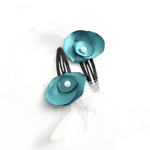 Hair clips με τιρκουάζ λουλουδάκια - φτερό, δώρο, πέρλες, αξεσουάρ μαλλιών, hair clips - 2