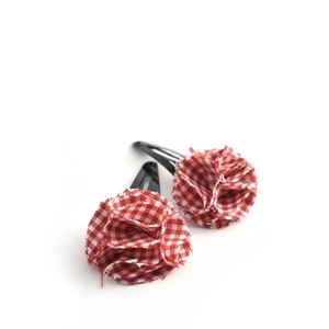 Hair clips με κόκκινα καρό λουλούδια - δώρο, καρό, ιδεά για δώρο, αξεσουάρ μαλλιών, hair clips - 2