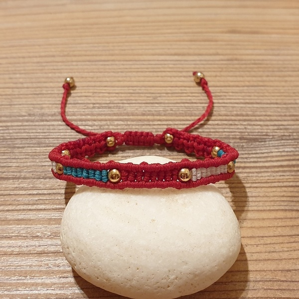 Γυναικείο βραχιόλι μακραμέ boho χειροπέδα κόκκινο με τριχρωμία και ημιπολύτιμες πέτρες - ημιπολύτιμες πέτρες, μακραμέ, κορδόνια, boho, αυξομειούμενα - 4
