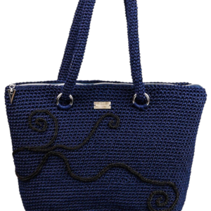 Πλεκτή τσάντα ώμου μπλε σκούρο μεγάλη με 3D σχέδιο - νήμα, ώμου, μεγάλες, all day, πλεκτές τσάντες
