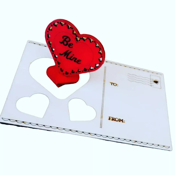 Ευχετήρια κάρτα αγάπης- καρτ ποστάλ Ξύλινα ,με αποσπώμενη καρδιά που αναγράφει Be mine και βάση, σκαλισμενο σε laser με μήκος 15cm και πλάτος 10cm. - ξύλο, ευχετήριες κάρτες - 4
