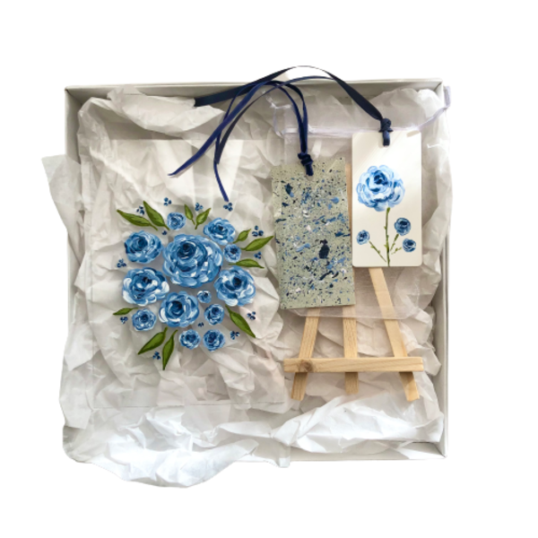 Σετ μπλε τριαντάφυλλα & abstract blue - γυαλί, plexi glass, διακοσμητικά, αγ. βαλεντίνου, σετ δώρου