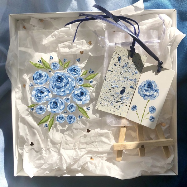 Σετ μπλε τριαντάφυλλα & abstract blue - γυαλί, plexi glass, διακοσμητικά, αγ. βαλεντίνου, σετ δώρου - 2
