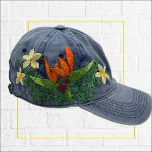 Καπέλο με κεντημένα λουλούδια (washed blue) - 4