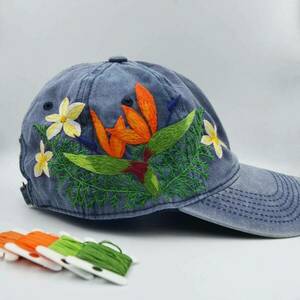 Καπέλο με κεντημένα λουλούδια (washed blue) - 5