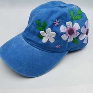 Καπέλο με κεντημένα λουλούδια (μπλε) - ύφασμα, βαμβάκι - 4
