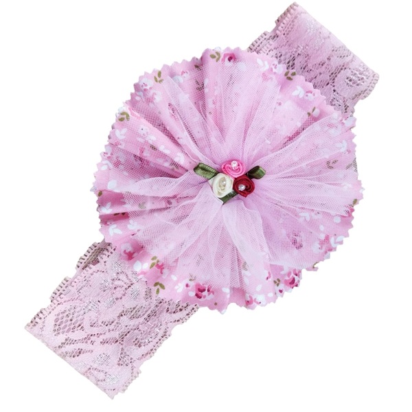 Χειροποίητη ροζ βρεφική-παιδική κορδέλα με βαμβακερό ροζ εμπριμέ βολανάκι και τούλι - κορίτσι, βρεφικά, λουλουδάτο, αξεσουάρ μαλλιών