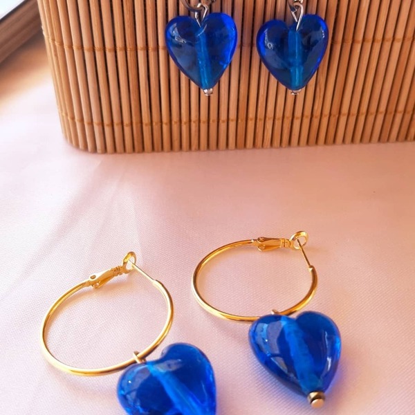 Σκουλαρίκια ατσάλι, καρδιές κεραμικες, μπλε. - γυαλί, επιχρυσωμένα, κρίκοι, ατσάλι, κοσμήματα - 3