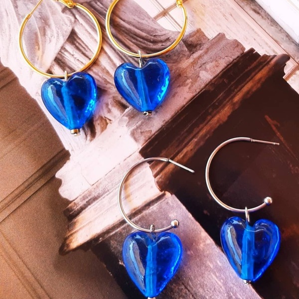 Σκουλαρίκια ατσάλι, καρδιές κεραμικες, μπλε. - γυαλί, επιχρυσωμένα, κρίκοι, ατσάλι, κοσμήματα - 2