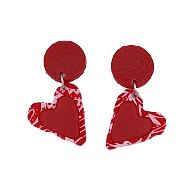 "Be my V" σκουλαρίκια καρδιές κόκκινο ροζ από πολυμερικό πηλό ατσάλι-μήκος 3,5 εκ - πηλός, μικρά, ατσάλι, κρεμαστά, καρφάκι