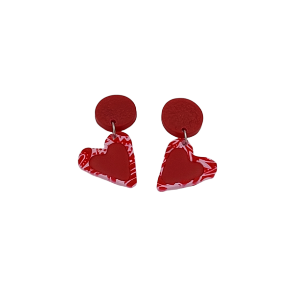 "Be my V" σκουλαρίκια καρδιές κόκκινο ροζ από πολυμερικό πηλό ατσάλι-μήκος 3,5 εκ - πηλός, μικρά, ατσάλι, κρεμαστά, καρφάκι - 3