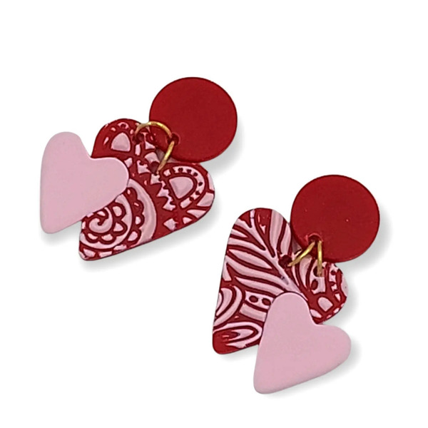 "Be my Valentine" σκουλαρίκια καρδιές κόκκινο ροζ από πολυμερικό πηλό ατσάλι-μήκος 3,5 εκ - πηλός, μικρά, ατσάλι, κρεμαστά, καρφάκι