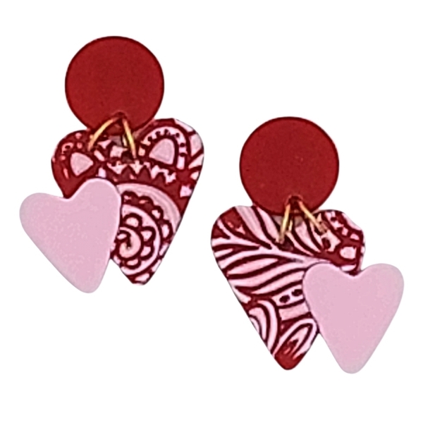 "Be my Valentine" σκουλαρίκια καρδιές κόκκινο ροζ από πολυμερικό πηλό ατσάλι-μήκος 3,5 εκ - πηλός, μικρά, ατσάλι, κρεμαστά, καρφάκι - 3