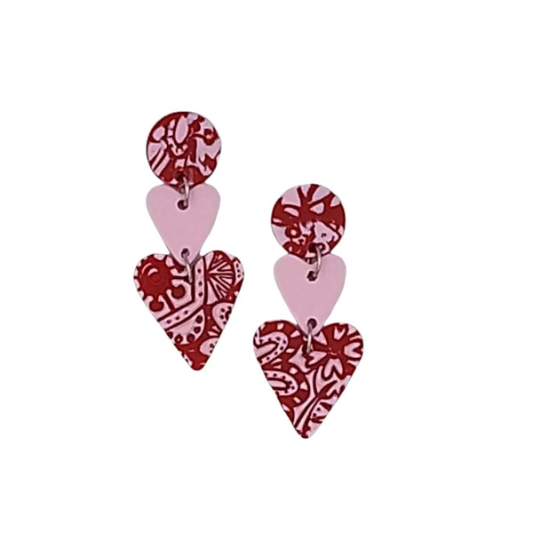 "Be my Valentine" σκουλαρίκια καρδιές μπορντό ροζ απο πηλό ατσάλι-μήκος 4εκ - πηλός, μακριά, ατσάλι, κρεμαστά, καρφάκι