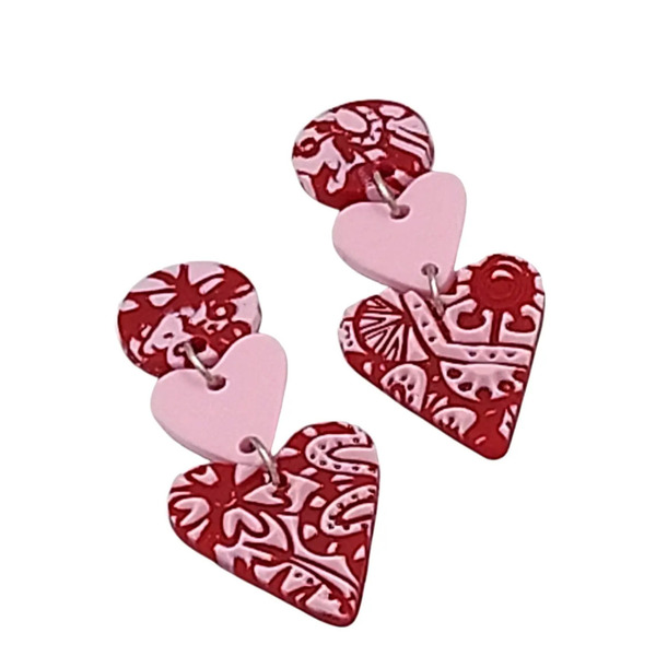 "Be my Valentine" σκουλαρίκια καρδιές μπορντό ροζ απο πηλό ατσάλι-μήκος 4εκ - πηλός, μακριά, ατσάλι, κρεμαστά, καρφάκι - 2