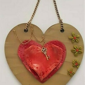 κρεμαστη ξυλινη καρδια valentine's day απο πολυμερικο πηλο (fimo) - κρεμαστά, διακοσμητικά, αγ. βαλεντίνου
