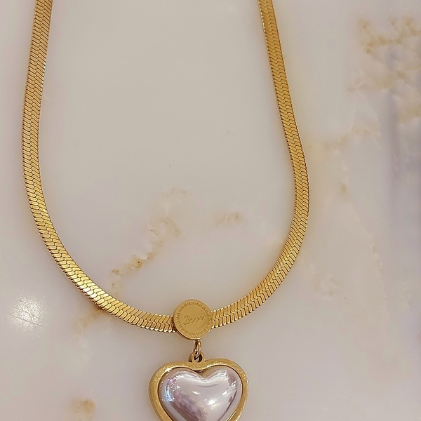 Καρδιά μαργαριτάρι σε αλυσίδα φίδι ανοξείδωτο ατσάλι - charms, καρδιά, μέταλλο, ατσάλι, κοσμήματα - 3