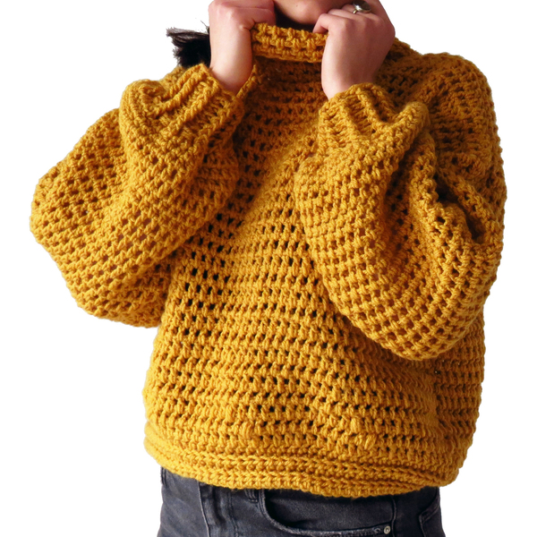 Πλεκτό χειροποίητο μουσταρδί πουλόβερ με ζιβάγκο - ακρυλικό, μακρυμάνικες - 5