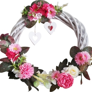 Ξύλινο λευκό στεφάνι με λουλούδια και καρδιές - καρδιά, στεφάνια, λουλούδια, διακοσμητικά