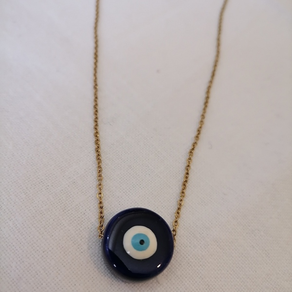 Ατσάλινο κολιέ με μπλε κεραμικό μάτι - charms, μάτι, κοντά, ατσάλι - 2