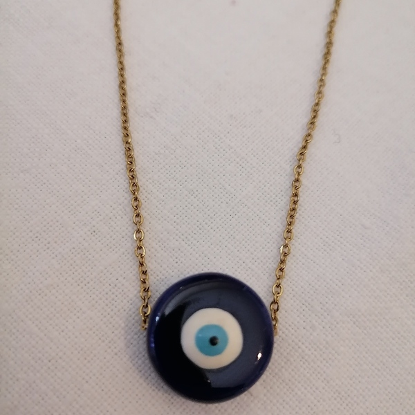Ατσάλινο κολιέ με μπλε κεραμικό μάτι - charms, μάτι, κοντά, ατσάλι - 3