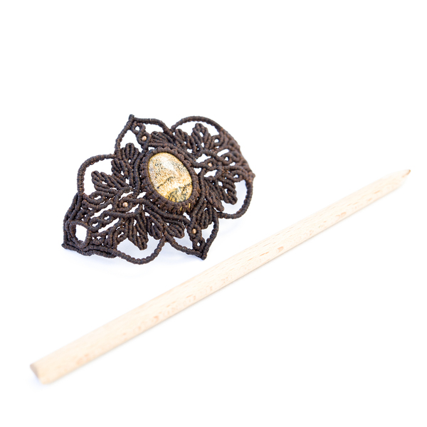 Hair stick macrame, καφέ σκούρο χρώματος με ημιπολύτιμη πέτρα ίασπι- 8,5 εκ. - νήμα, μακραμέ, κορδόνια, boho - 2