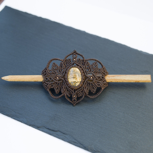 Hair stick macrame, καφέ σκούρο χρώματος με ημιπολύτιμη πέτρα ίασπι- 8,5 εκ. - νήμα, μακραμέ, κορδόνια, boho - 3