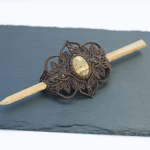 Hair stick macrame, καφέ σκούρο χρώματος με ημιπολύτιμη πέτρα ίασπι- 8,5 εκ. - νήμα, μακραμέ, κορδόνια, boho - 4