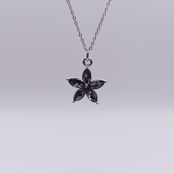 Χειροποίητο κολιέ ασημί με λουλούδι σκούρο ζιρκόν - charms, κοντά, λουλούδι, ατσάλι - 2