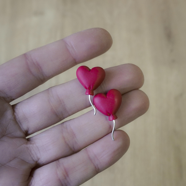 Σκουλαρίκια μπαλόνια-καρδιές - καρδιά, πηλός, καρφωτά, μικρά, καρφάκι - 2
