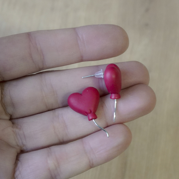 Σκουλαρίκια μπαλόνια-καρδιές - καρδιά, πηλός, καρφωτά, μικρά, καρφάκι - 5