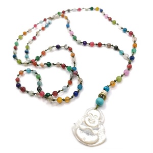 White Budha rosary, πολύχρωμο κολιέ / ροζαριο με αχάτη - ροζάριο, μακριά, ημιπολύτιμες πέτρες, boho, ethnic