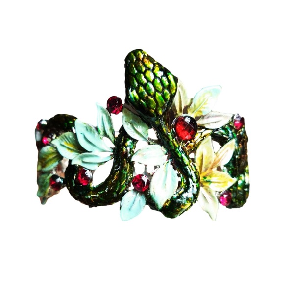 Μεταλλικό βαμμένο βραχιόλι "Φίδι με φύλλα" πολύχρωμο 7*4,5*7 εκ - επάργυρα, σταθερά, zamak, χεριού, χειροπέδες