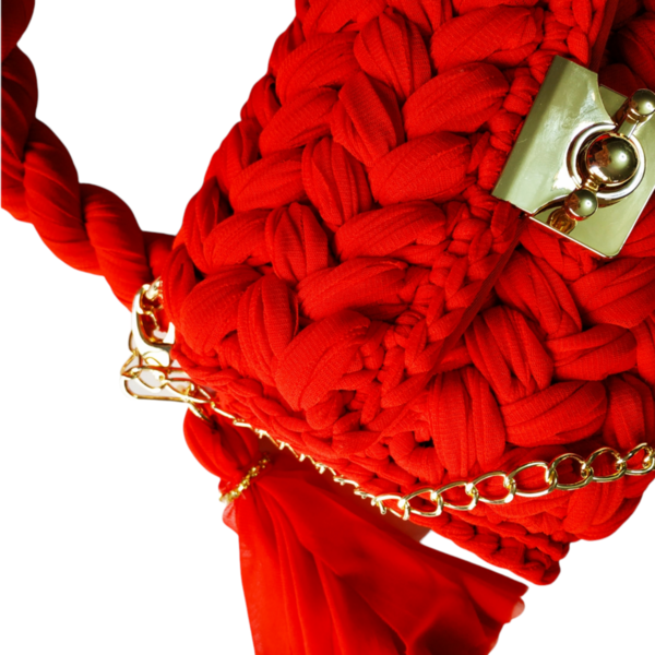 Ιδιαίτερη χειροποίητη πλεκτή τσάντα σε κόκκινο χρώμα - νήμα, clutch, χειρός, πλεκτές τσάντες, βραδινές - 3