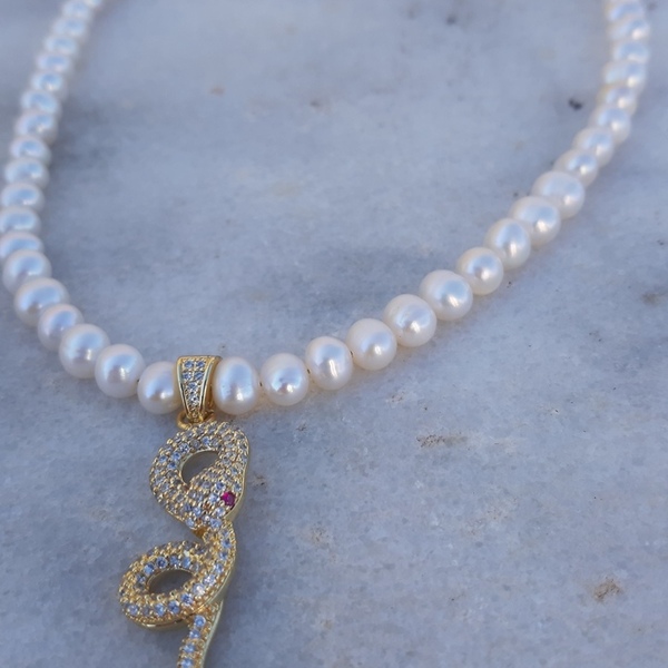 Κολιέ με μαργαριτάρια, φίδι με ζιργκόν. - charms, ασήμι 925, ατσάλι, πέρλες, Black Friday - 3