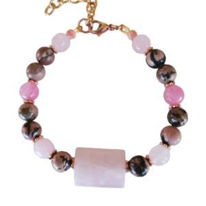 Βραχιόλι με ροδονίτη, ροζ quartz και jade - ημιπολύτιμες πέτρες, χάντρες, ατσάλι, σταθερά, χεριού