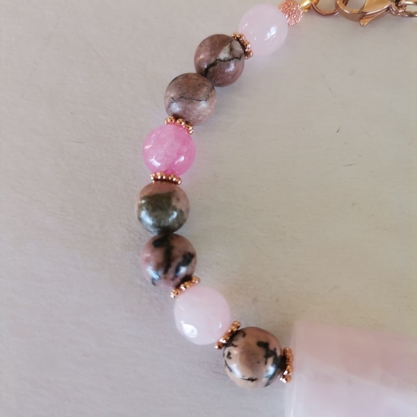 Βραχιόλι με ροδονίτη, ροζ quartz και jade - ημιπολύτιμες πέτρες, χάντρες, ατσάλι, σταθερά, χεριού - 3