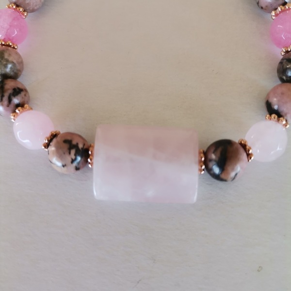 Βραχιόλι με ροδονίτη, ροζ quartz και jade - ημιπολύτιμες πέτρες, χάντρες, ατσάλι, σταθερά, χεριού - 4