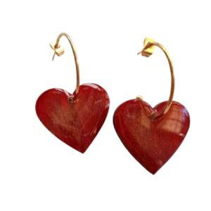 Ξύλινα κρεμαστά σκουλαρίκια " Κόκκινες καρδιές"! - ξύλο, καρδιά, μέταλλο, κοσμήματα