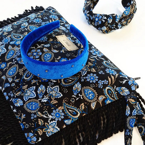 Υφασμάτινη τσάντα (clutch bag) μπλε φλοράλ με μαύρα κρόσσια - ύφασμα, clutch, μεγάλες, φλοράλ, χειρός - 3