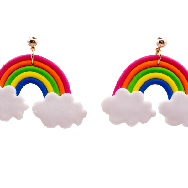 Rainbow polymer clay earrings - πηλός, κρεμαστά, μεγάλα, καρφάκι