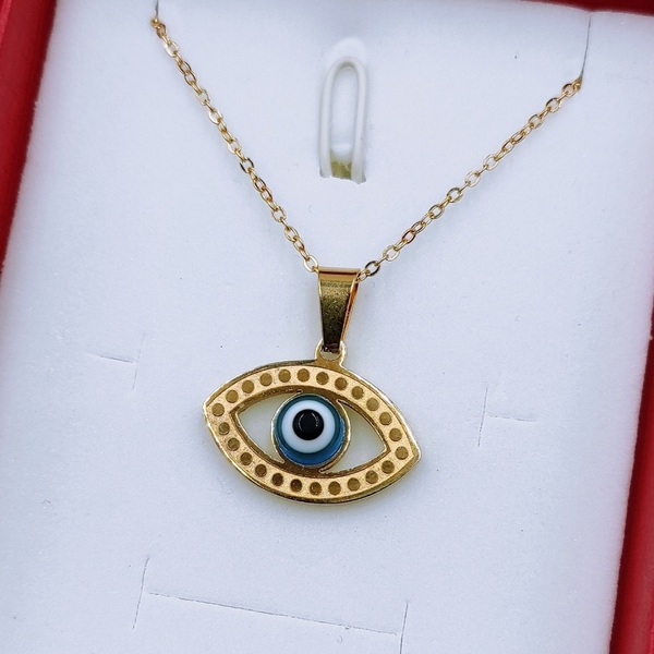 Ατσάλινο χρυσό κολιέ μήκους 24cm,με ατσάλινη αλυσίδα και ατσάλινο χρυσό κρεμαστό ματάκι 21,5Χ16mm - charms, δώρο, μάτι, μαμά, ατσάλι - 2
