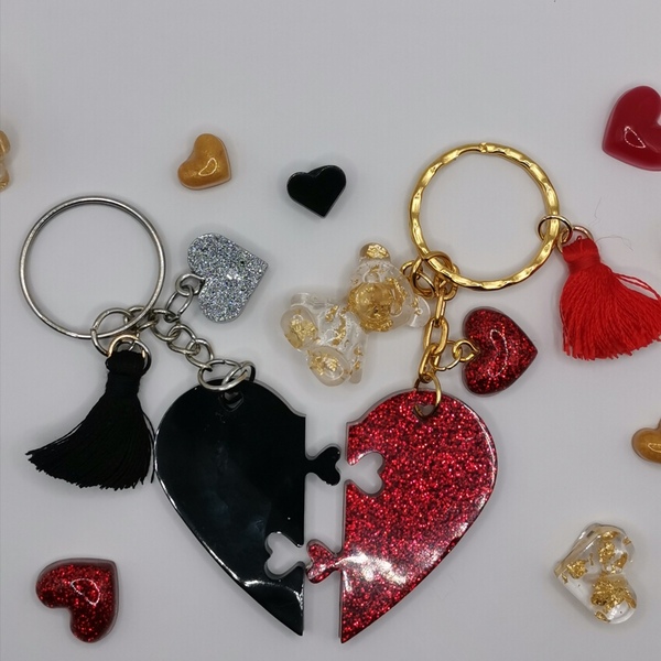 Valentine handmade Keychain for couple - γυαλί, μπρελόκ, εποξική ρητίνη, δώρα αγίου βαλεντίνου