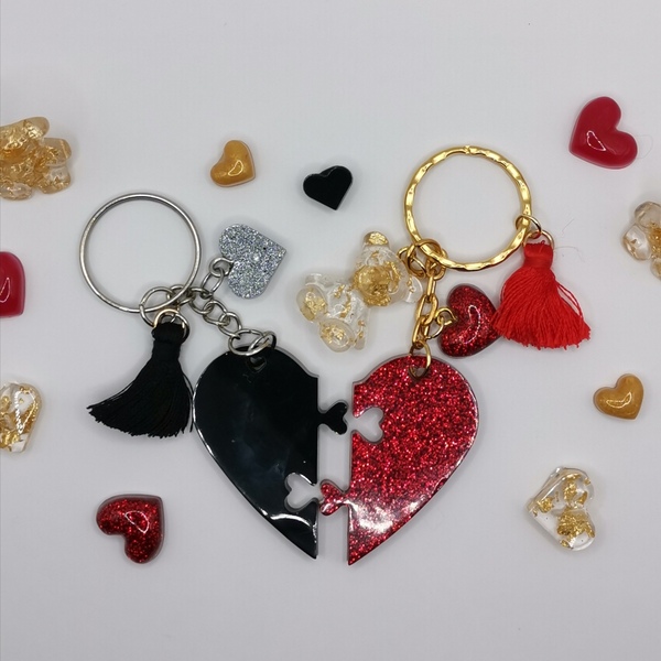 Valentine handmade Keychain for couple - γυαλί, μπρελόκ, εποξική ρητίνη, δώρα αγίου βαλεντίνου - 2