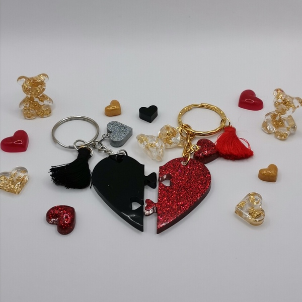 Valentine handmade Keychain for couple - γυαλί, μπρελόκ, εποξική ρητίνη, δώρα αγίου βαλεντίνου - 3
