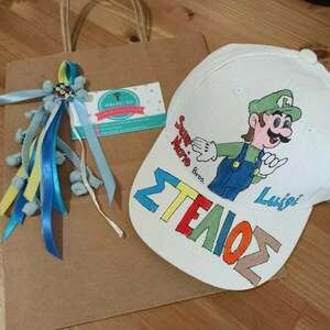 παιδικό καπέλο jockey με όνομα και θέμα super mario ( λουίτζι ) - ζωγραφισμένα στο χέρι, όνομα - μονόγραμμα, καπέλα, σούπερ ήρωες - 5